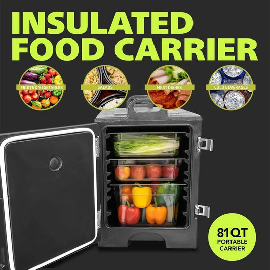 Insulated Food Pan Carrier End Loading Hot Box Warmer for 5 Full Size Pans Stackable Commercial Grade Black Stainless Steel