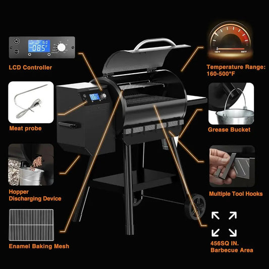 Wood Pellet Smoker Grill, 456 SQ. IN Cook Area, Auto-feed & Leg Waste, 500°F Max, 8-in-1 BBQ Grill with Meat Probe, Side Table &