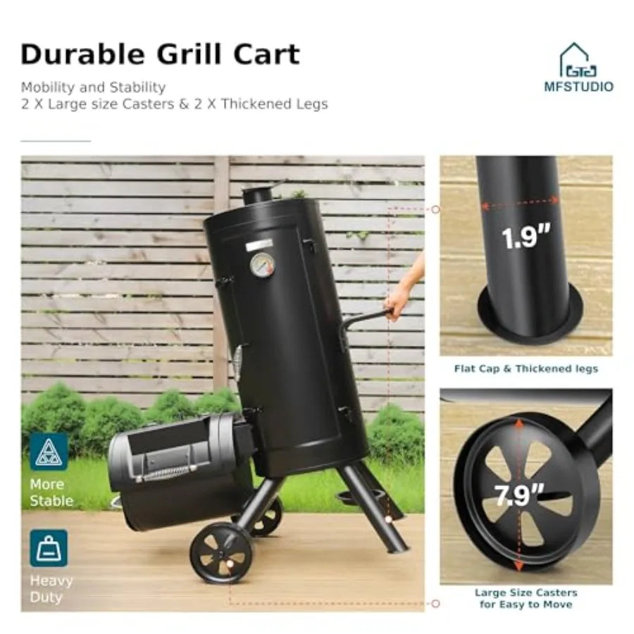 Extra Large Vertical Offset Smoker Charcoal Grill Barrel Combo with Hanging Racks and 5 Removable Grates for Outdoor BBQ Cookin