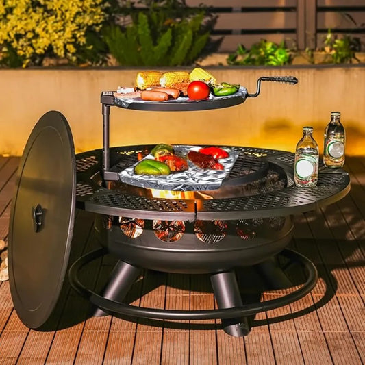 36 Inch Fire Pit with 2 Cooking Grills,Outdoor Wood Burning BBQ Firepit with Lid, 3-in-1 Outdoor Fire Pit for Backyard Deck