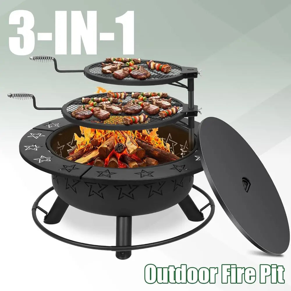 3-in-1 Outdoor Fire Pit Table: Wood-Burning, BBQ, and Patio Dining with Grills, Charcoal Pan, and Accessories