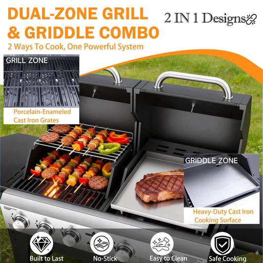 Gas Grill & Flat Top Griddle Combo 54,000 BTU Dual Cooking System,5-Burner Grill Stove Stainless Steel Panel,for Outdoor Cooking