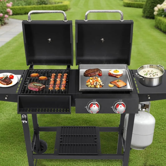 Gas and Charcoal Grill Combo, BBQ Grills with Cast Iron Grill Grates and Stainless Steel Flat Top Griddle, 2 Burner, Customized
