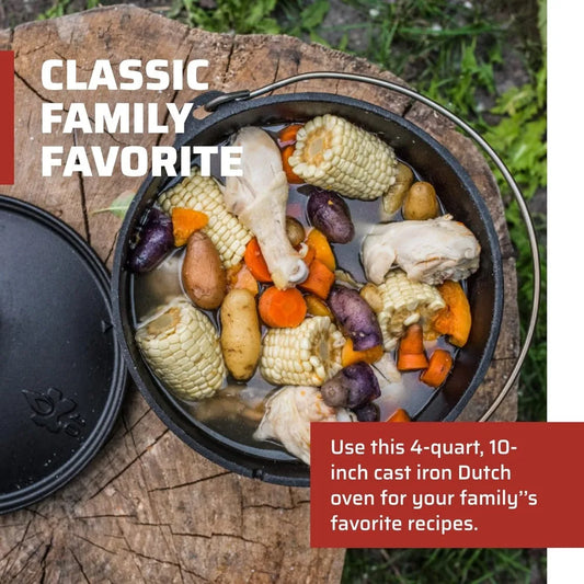 10 Inch Seasoned Cast Iron Dutch Oven with Lid - Perfect for Outdoor Cooking & Family Meals