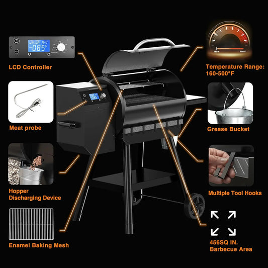 LCD Control Wood Pellet Smoker Grill, 456 SQ. IN Cook Area, Pellet Grill with Auto Feed & Leaking Waste, 500°F Max, Customized