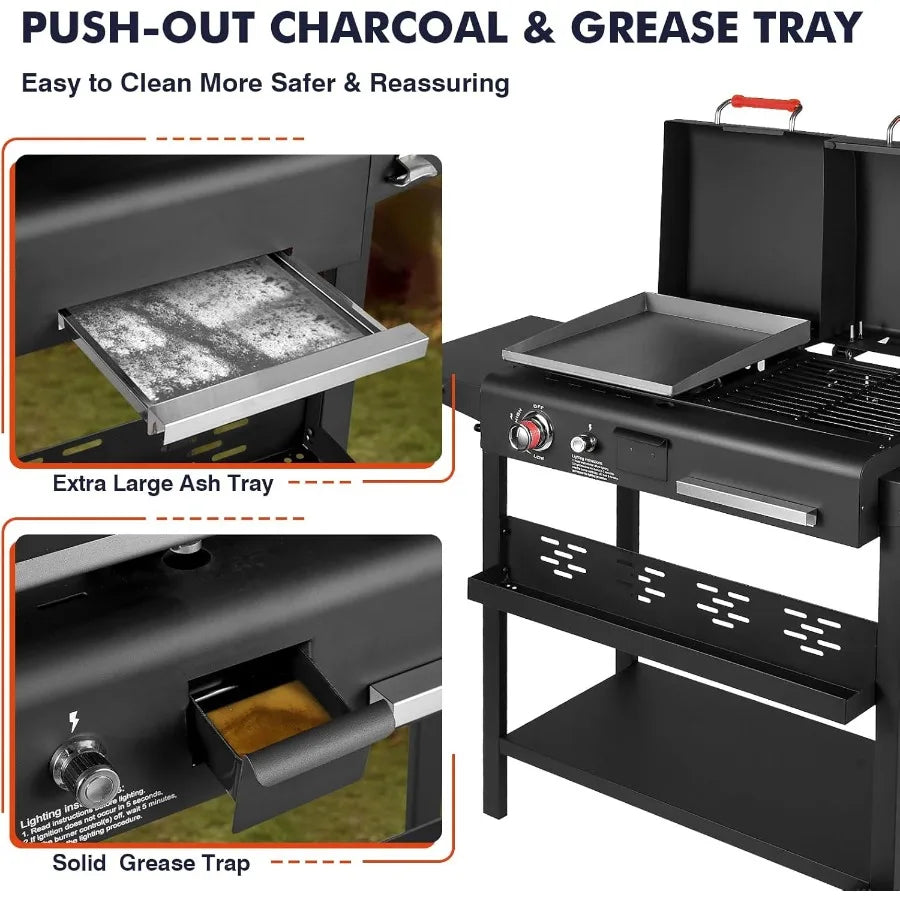 Propane and Charcoal Grill Combo Gas Griddle Grill with Dual Fuel Lids Side Shelves Non-Slip Silicone Gloves Black