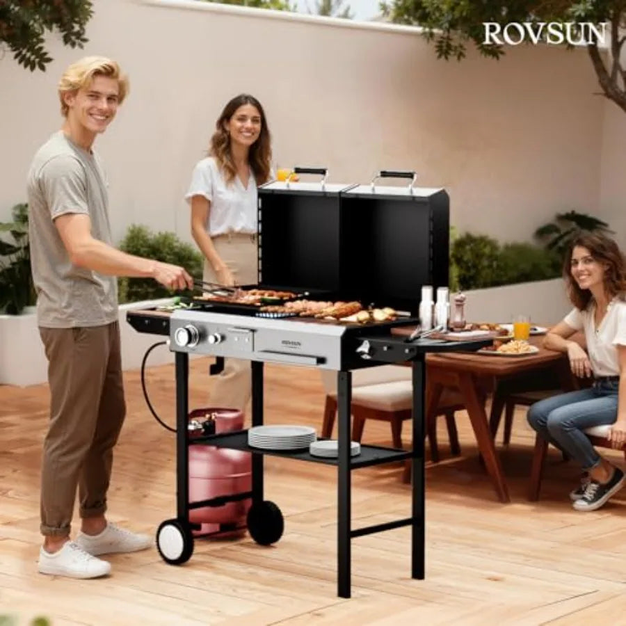 2-in-1 Propane Gas and Charcoal Grill Combo with Lid 12000BTU Flat Top Griddle Charcoal BBQ Grill with Electronic Ignition Enam