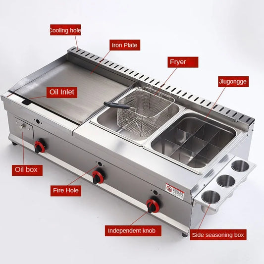 100-130cm Commercial Gas Teppanyaki Griddle & Fryer Combo | For Pancake & Braised Squid Grilling | Flat Top Cooking Station