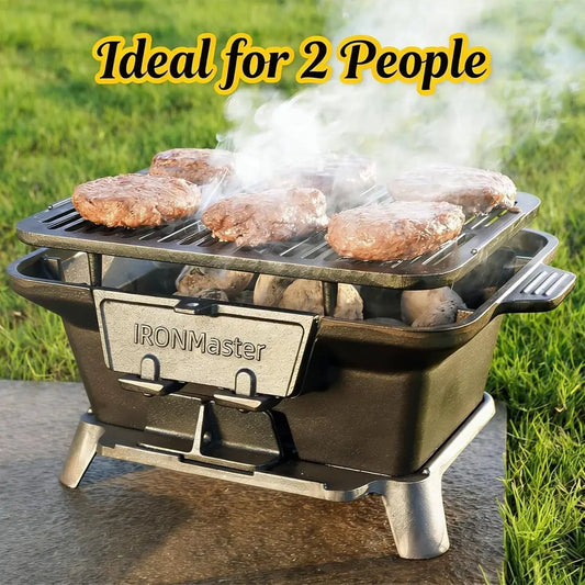 Compact Outdoor Charcoal Grill, Pre-Seasoned Cast Iron, Portable Yakitori Grill for Camping, Adjustable Air Control, Ideal for 2
