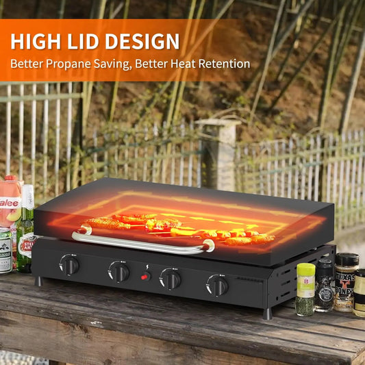 4 Burner Gas Griddle with Hood- 30 Inch Outdoor Propane Griddle-60000 BTU Propane Fuelled, Portable Flat Top Gas, Customized