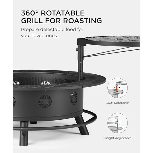 43 Inch Fire Pit with BBQ Grill, for Outside with Lid & Poker, Extra Large Heavy Duty Firepits,Wood Burning Fire Pits