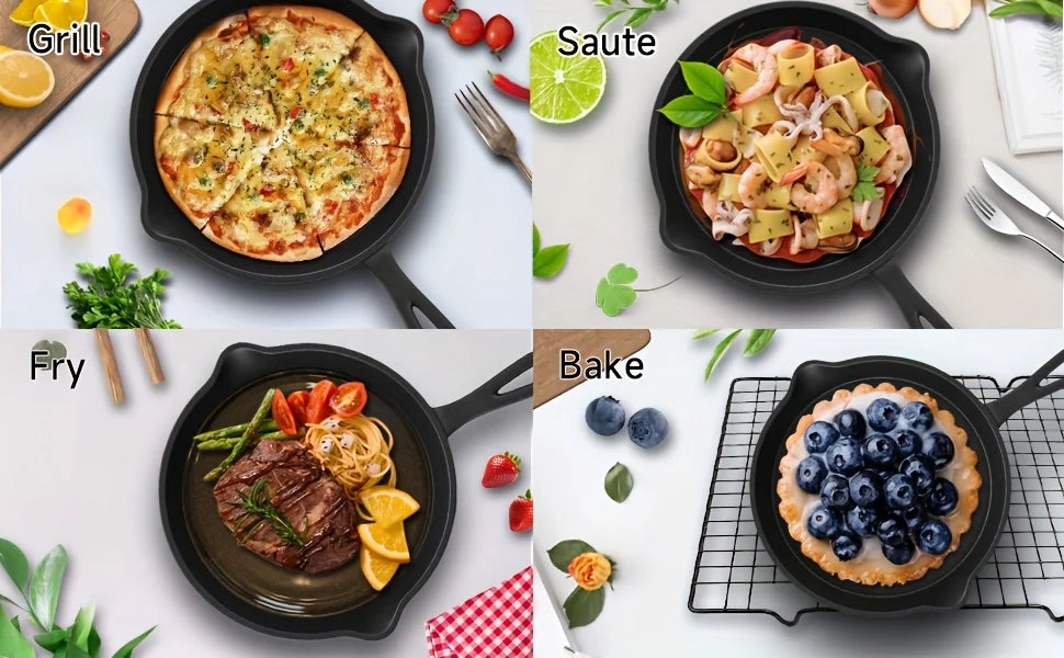 3-Piece Cast Iron Skillet Set (6/8/10 Inch) - Pre-Seasoned, Non-Stick, Heavy-Duty Pans for Oven, Grill & Campfire Cooking, see optional pizza pan
