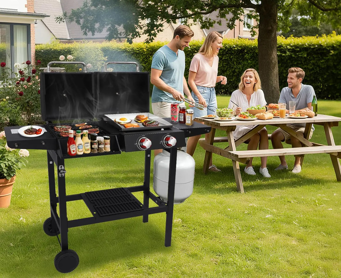 Gas and Charcoal Grill Combo, BBQ Grills with Cast Iron Grill Grates and Stainless Steel Flat Top Griddle, 2 Burner, Customized