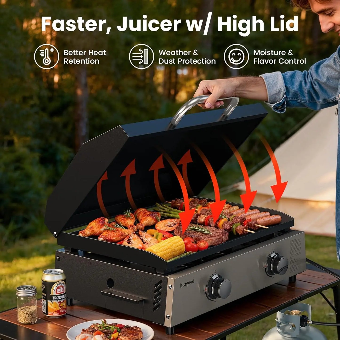 Flat Top Gill, Outdoor Griddle 22” Tabletop Gas Griddle with Hood for Outdoor Camping (24000 BTU, 2 Burner, Carbon Steel Plate)