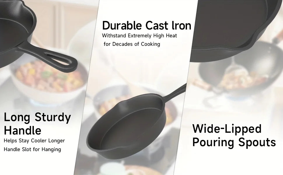 3-Piece Cast Iron Skillet Set (6/8/10 Inch) - Pre-Seasoned, Non-Stick, Heavy-Duty Pans for Oven, Grill & Campfire Cooking, see optional pizza pan