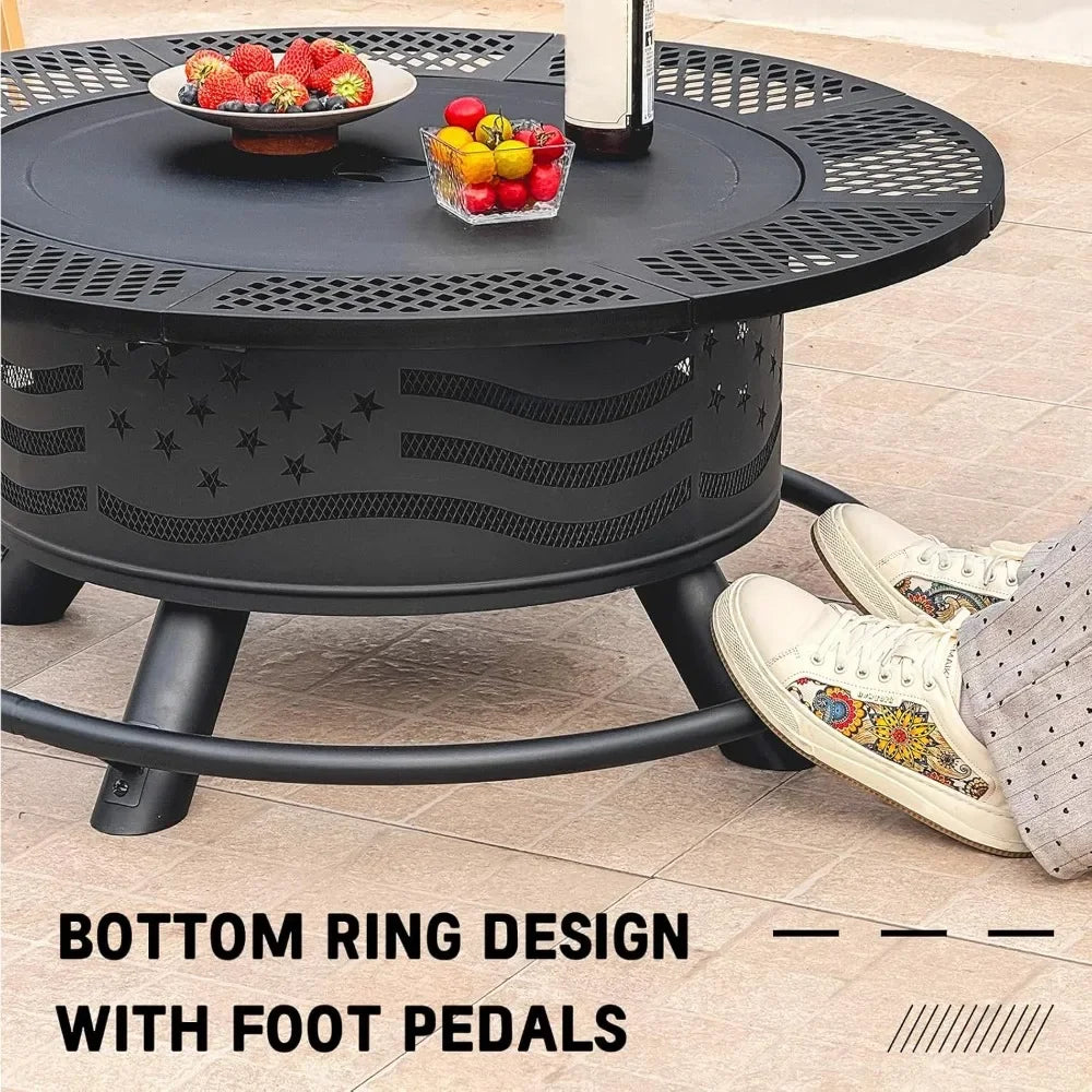 Fire Pit with 2 Cooking Grates, Outdoor Wood Burning BBQ Grill Firepit Bowl with Cover Lid, Steel Round Table for Customized