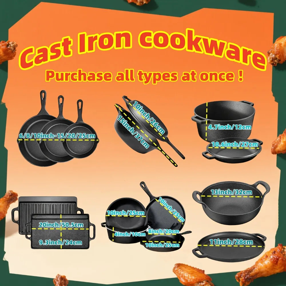 3-Piece Cast Iron Skillet Set (6/8/10 Inch) - Pre-Seasoned, Non-Stick, Heavy-Duty Pans for Oven, Grill & Campfire Cooking, see optional pizza pan