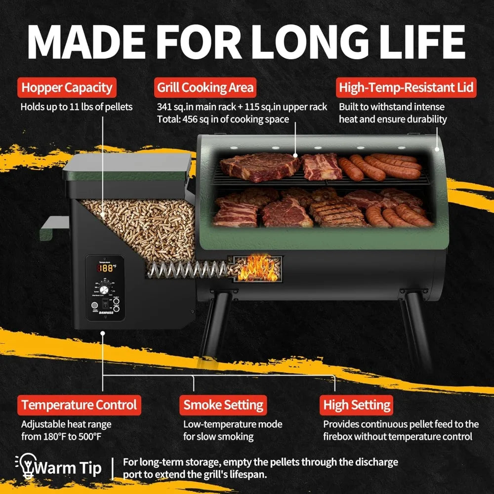 US Shipping Electric Wood Pellet Smoker Grill 8 in 1 BBQ Grill Auto Feed PID Temperature Control 180-450F with Rain Cover 456