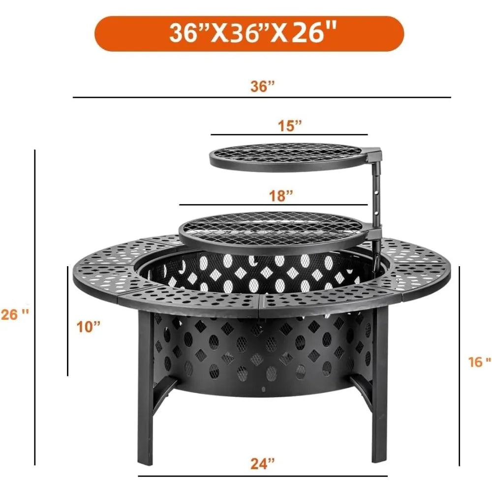Fire Pit with Grills,Wood Burning Fire Pit for Outside with Lid,Poker and Round Waterproof Cover,BBQ& Outdoor Firepit,Customized