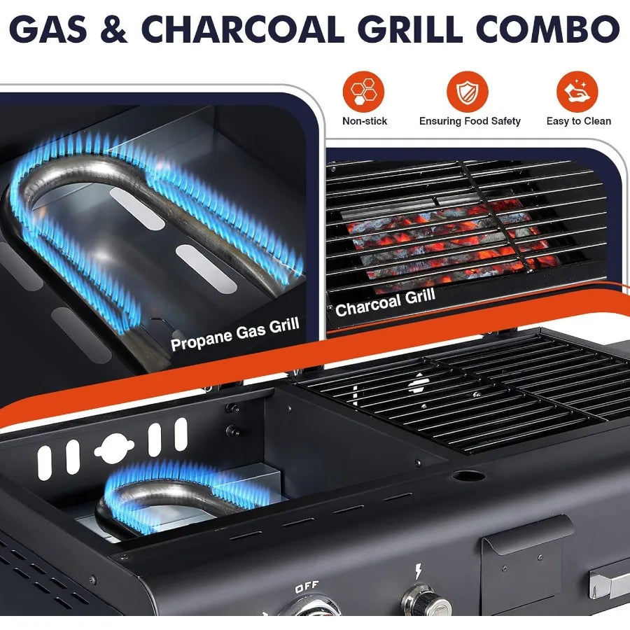 Propane and Charcoal Grill Combo Gas Griddle Grill with Dual Fuel Lids Side Shelves Non-Slip Silicone Gloves Black