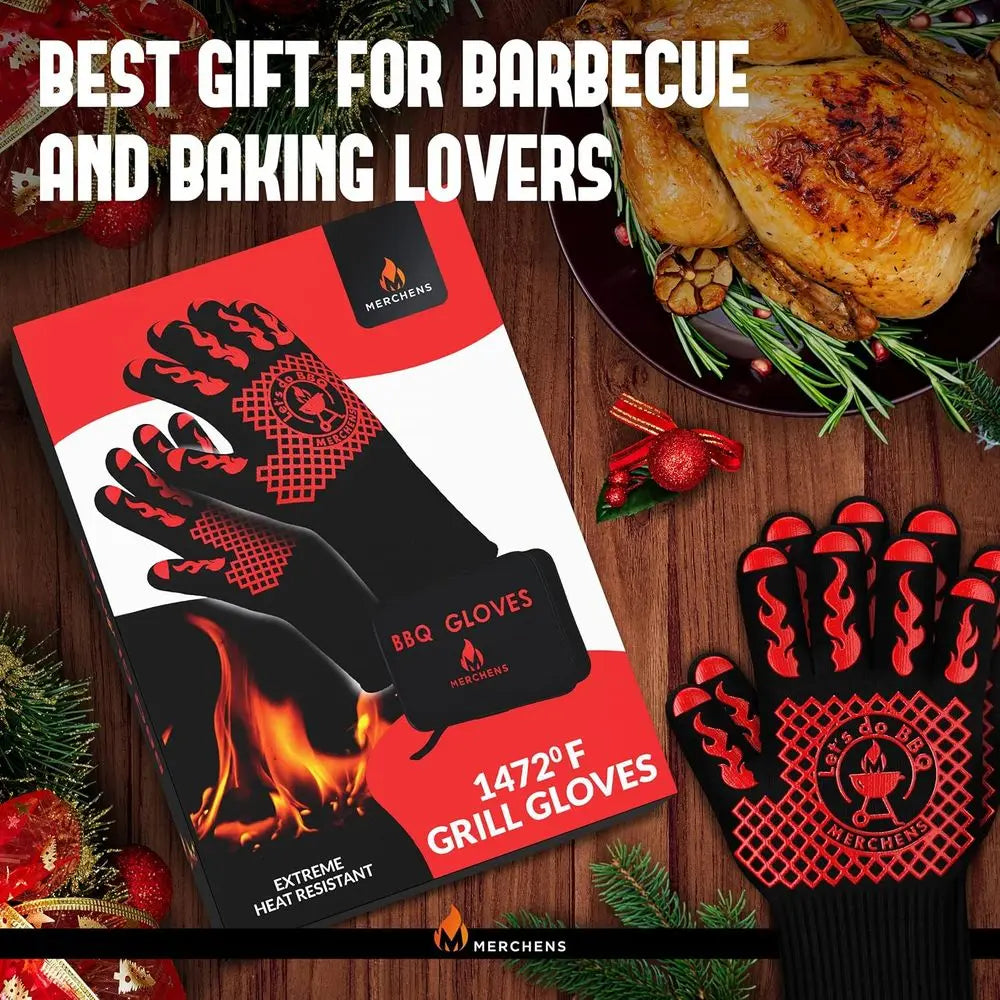 Heat Resistant BBQ Gloves 1472°F - Non-Slip Silicone Mitts for Grilling, Smoking & Baking - Extra-Long, Includes Storage Case