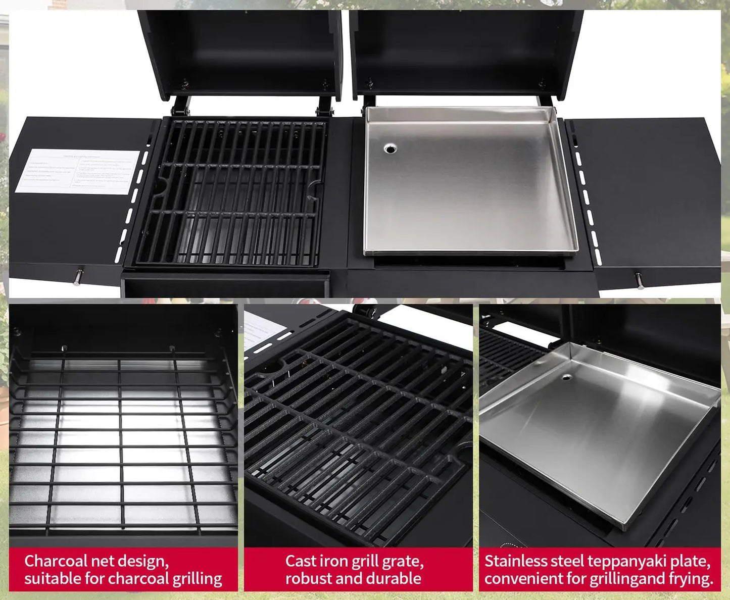 Gas and Charcoal Grill Combo, BBQ Grills with Cast Iron Grill Grates and Stainless Steel Flat Top Griddle, 2 Burner, Customized