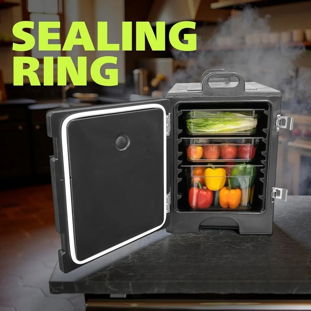 Insulated Food Pan Carrier End Loading Hot Box Warmer for 5 Full Size Pans Stackable Commercial Grade Black Stainless Steel