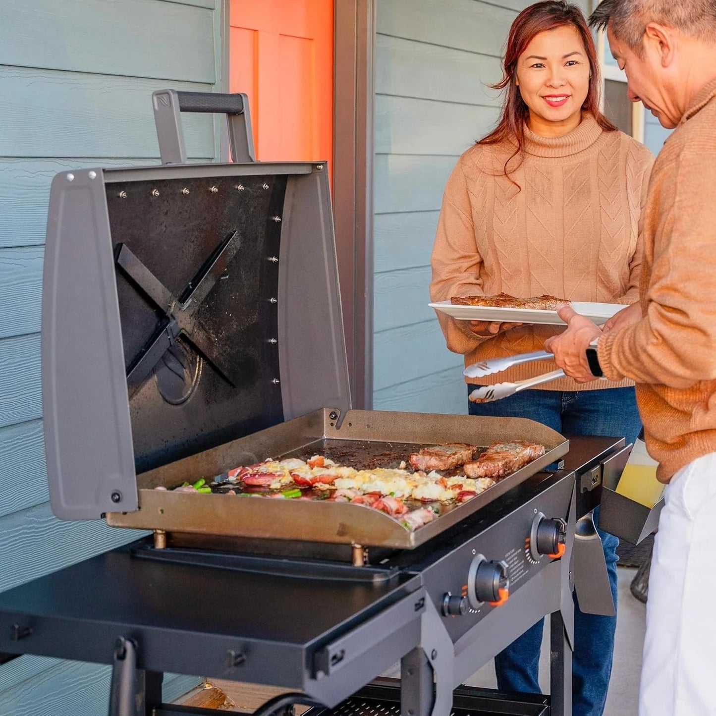 2311 Iron Forged 28” Omnivore Griddle with X-Braced Hood, Powder Coated Steel, Black, Customized