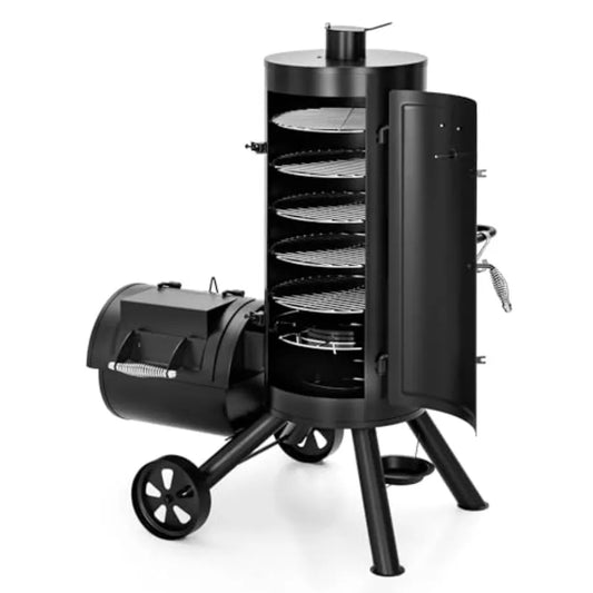 Extra Large Vertical Offset Smoker Charcoal Grill Barrel Combo with Hanging Racks and 5 Removable Grates for Outdoor BBQ Cookin