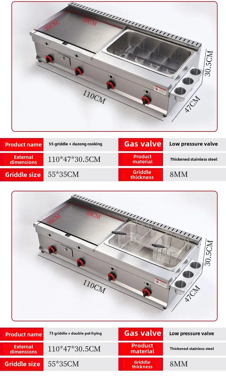 100-130cm Commercial Gas Teppanyaki Griddle & Fryer Combo | For Pancake & Braised Squid Grilling | Flat Top Cooking Station