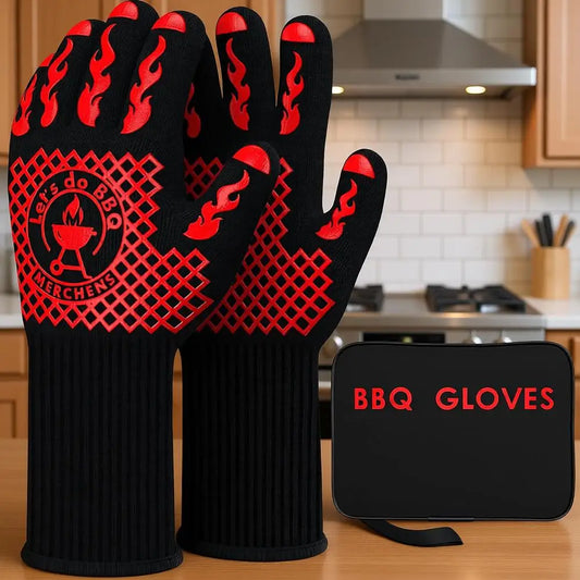 Heat Resistant BBQ Gloves 1472°F - Non-Slip Silicone Mitts for Grilling, Smoking & Baking - Extra-Long, Includes Storage Case