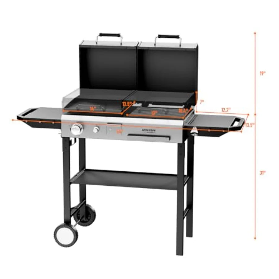 2-in-1 Propane Gas and Charcoal Grill Combo with Lid 12000BTU Flat Top Griddle Charcoal BBQ Grill with Electronic Ignition Enam
