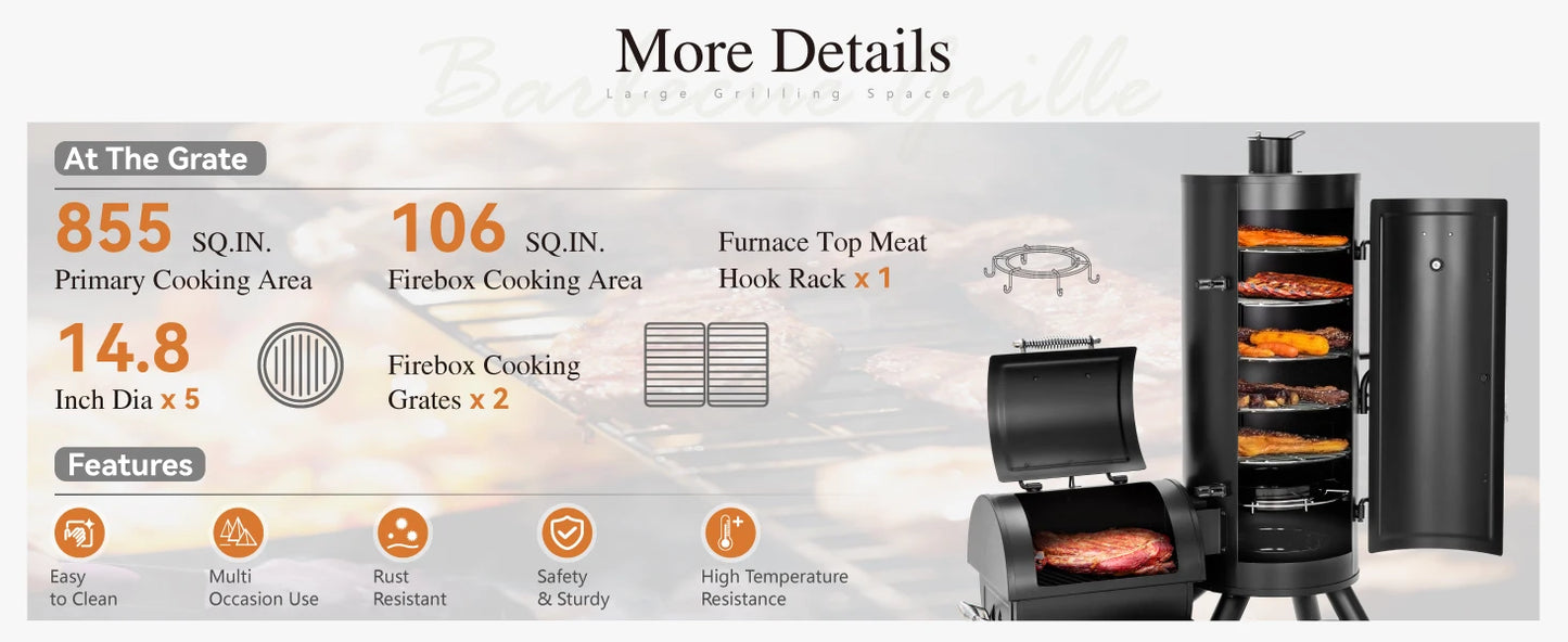 Heavy Duty Vertical Offset Charcoal Smoker Grills Extra Large Outdoor BBQ Grill