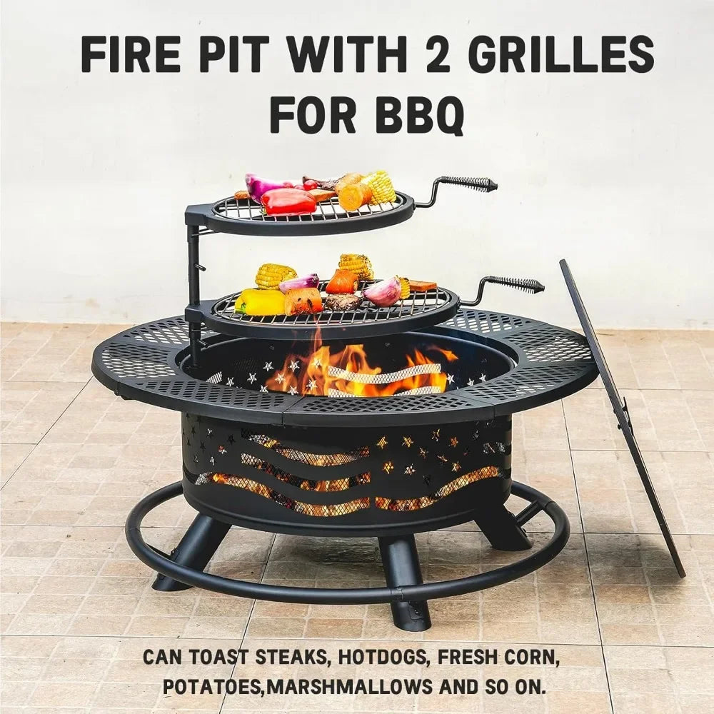 Fire Pit with 2 Cooking Grates, Outdoor Wood Burning BBQ Grill Firepit Bowl with Cover Lid, Steel Round Table for Customized