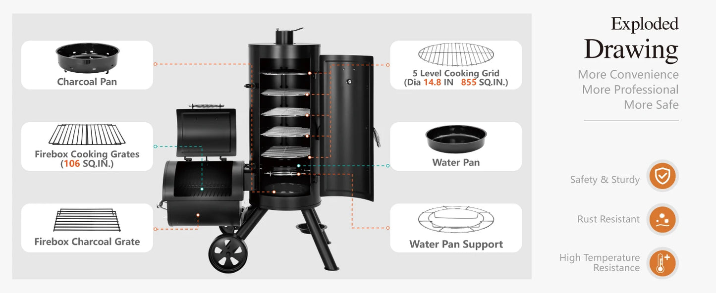 Heavy Duty Vertical Offset Charcoal Smoker Grills Extra Large Outdoor BBQ Grill