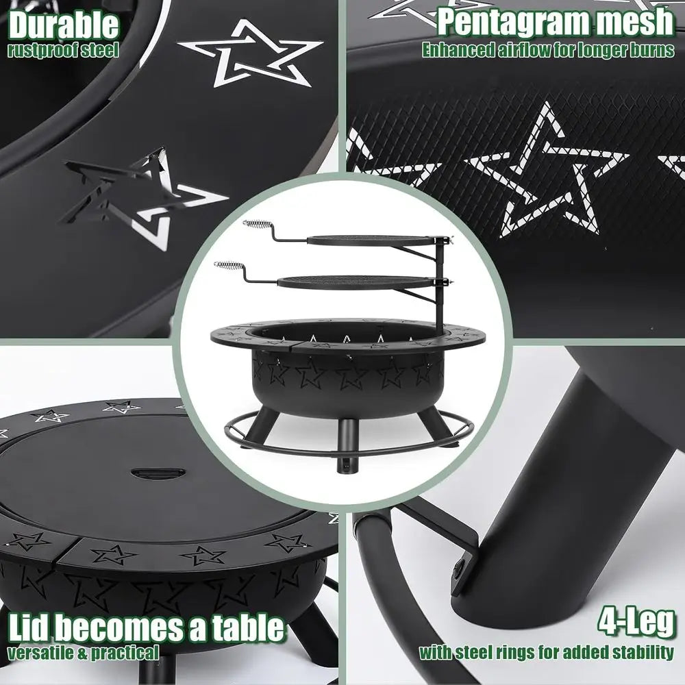 3-in-1 Outdoor Fire Pit Table: Wood-Burning, BBQ, and Patio Dining with Grills, Charcoal Pan, and Accessories