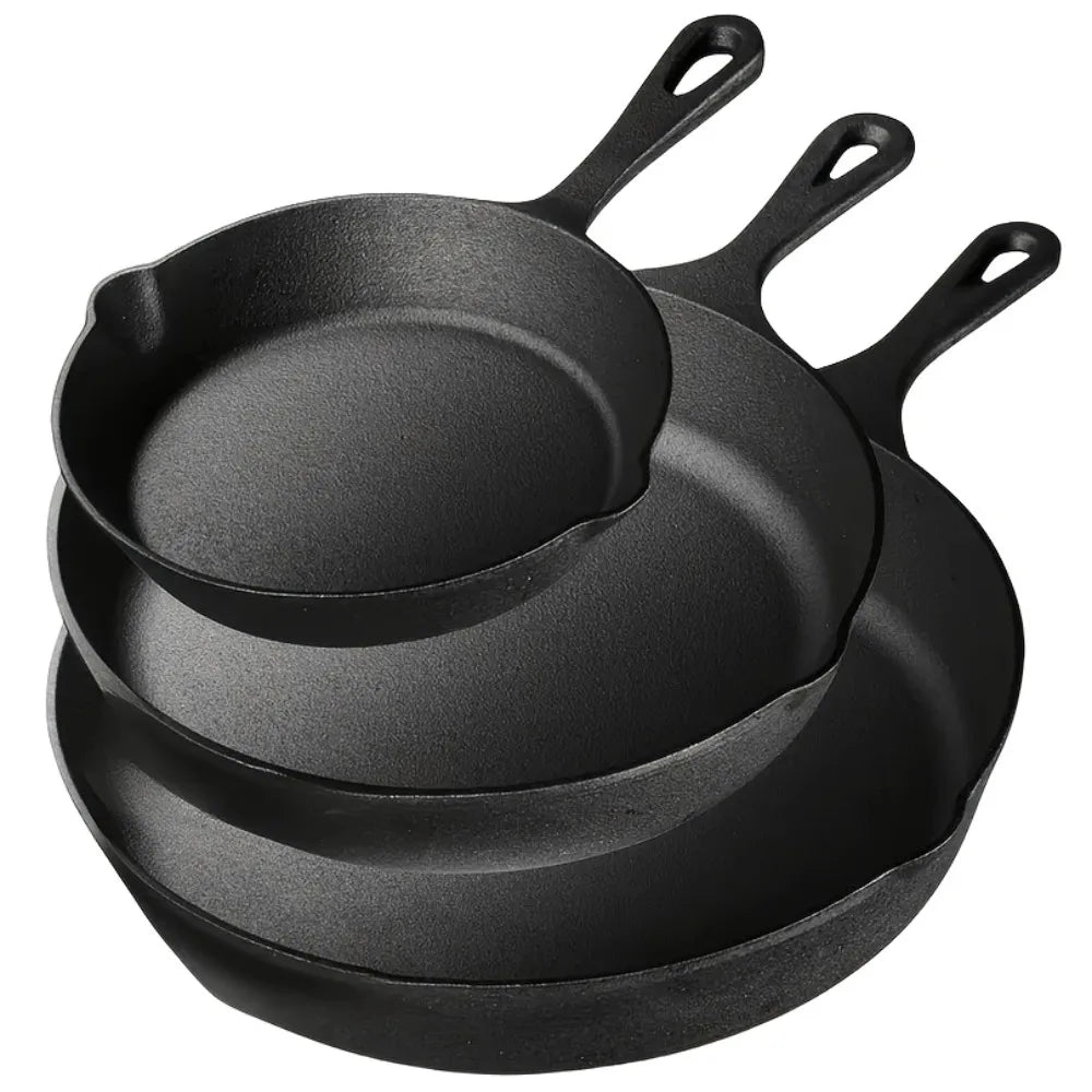 3-Piece Cast Iron Skillet Set (6/8/10 Inch) - Pre-Seasoned, Non-Stick, Heavy-Duty Pans for Oven, Grill & Campfire Cooking, see optional pizza pan