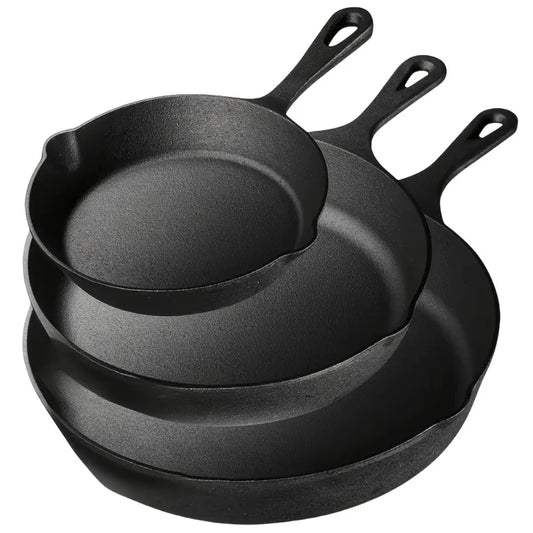 3-Piece Cast Iron Skillet Set (6/8/10 Inch) - Pre-Seasoned, Non-Stick, Heavy-Duty Pans for Oven, Grill & Campfire Cooking, see optional pizza pan