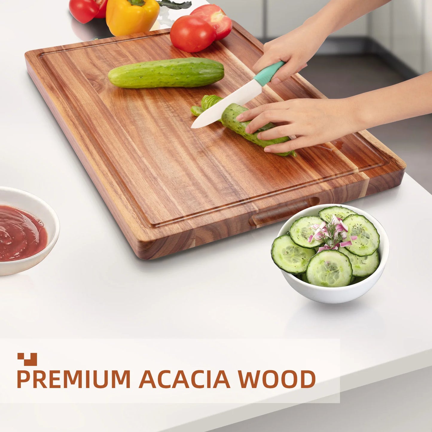Extra Large Acacia Wood Cutting Board Thick Butcher Block Chopping Board with Side Handles for Meat Vegetables Fruit