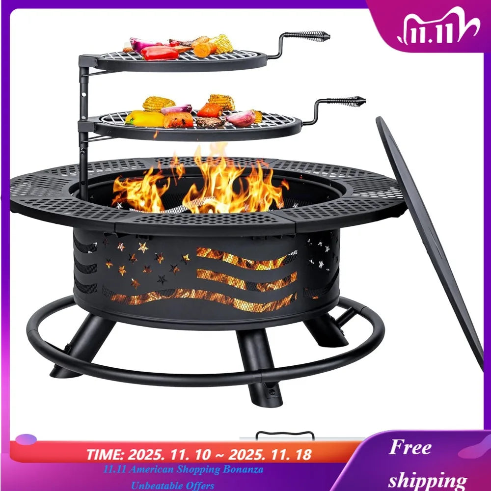 Fire Pit with 2 Cooking Grates, Outdoor Wood Burning BBQ Grill Firepit Bowl with Cover Lid, Steel Round Table for Customized