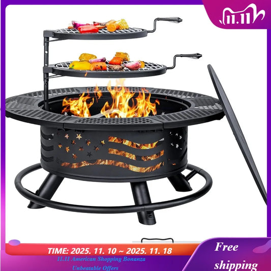Fire Pit with 2 Cooking Grates, Outdoor Wood Burning BBQ Grill Firepit Bowl with Cover Lid, Steel Round Table for Customized