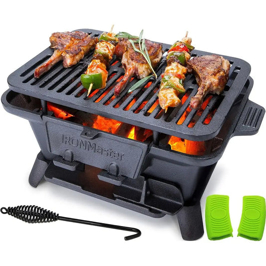 Compact Outdoor Charcoal Grill, Pre-Seasoned Cast Iron, Portable Yakitori Grill for Camping, Adjustable Air Control, Ideal for 2