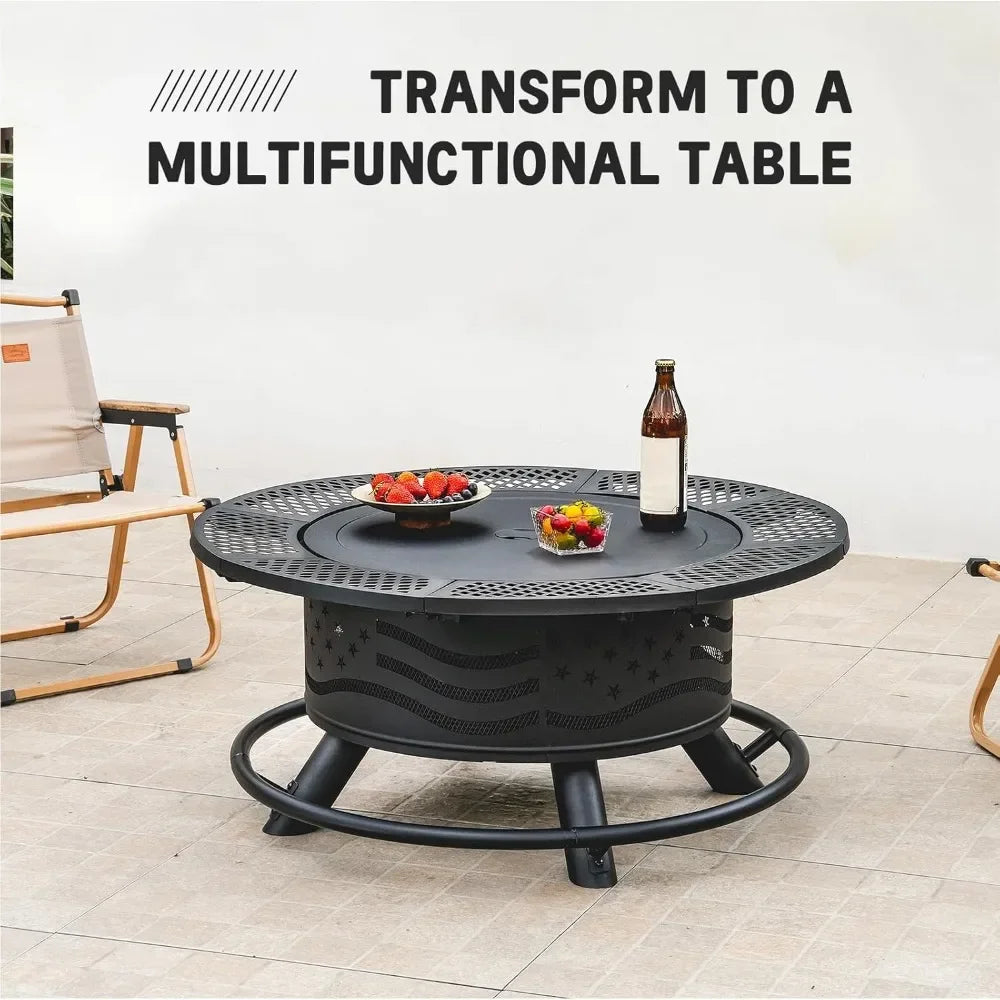 Fire Pit with 2 Cooking Grates, Outdoor Wood Burning BBQ Grill Firepit Bowl with Cover Lid, Steel Round Table for Customized