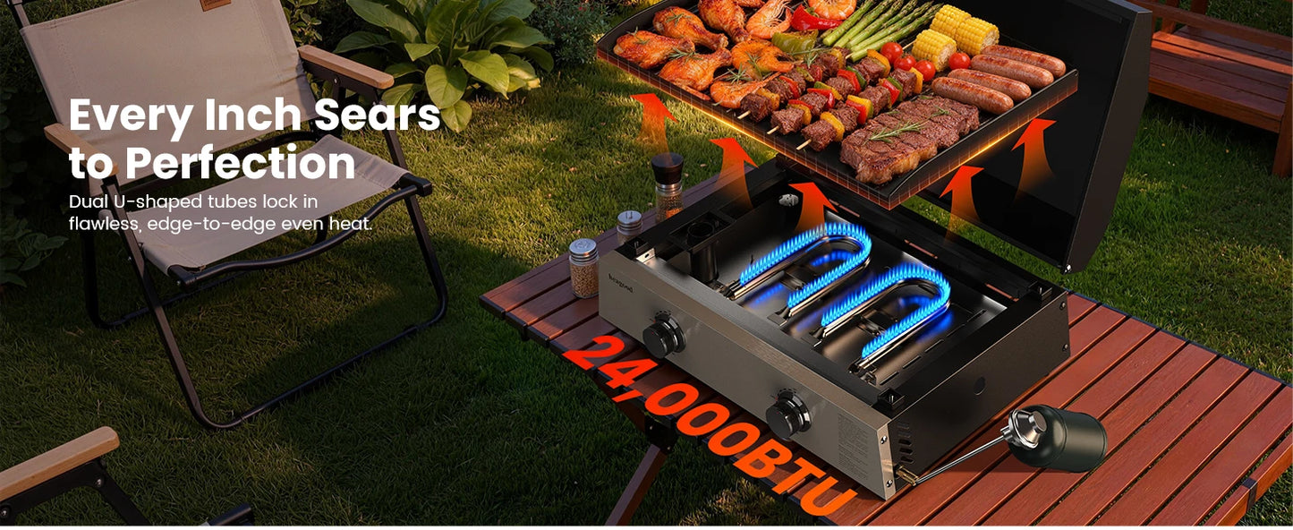 Flat Top Gill, Outdoor Griddle 22” Tabletop Gas Griddle with Hood for Outdoor Camping (24000 BTU, 2 Burner, Carbon Steel Plate)