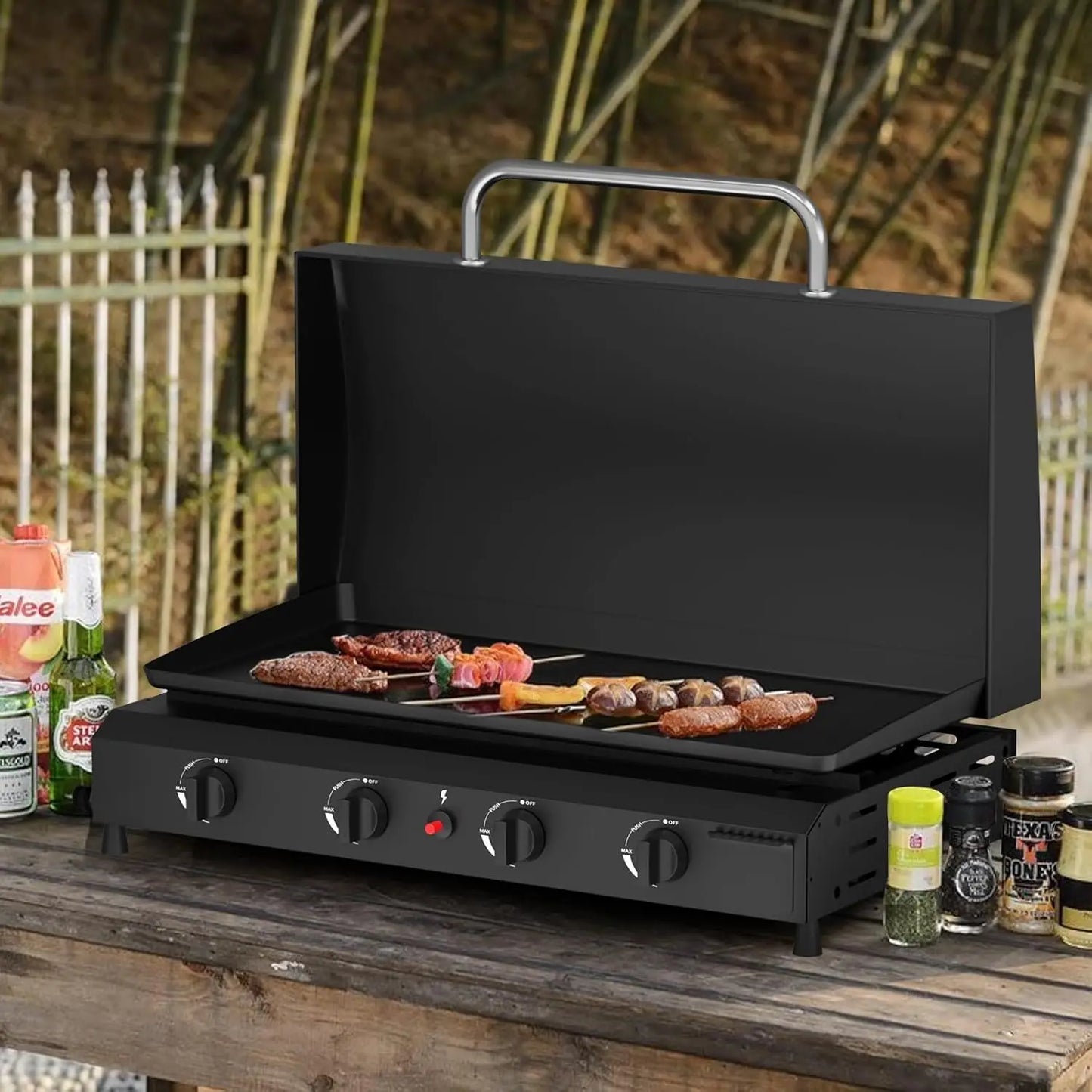4 Burner Gas Griddle with Hood- 30 Inch Outdoor Propane Griddle-60000 BTU Propane Fuelled, Portable Flat Top Gas, Customized