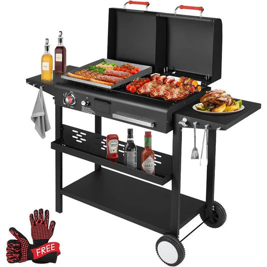Propane and Charcoal Grill Combo Gas Griddle Grill with Dual Fuel Lids Side Shelves Non-Slip Silicone Gloves Black