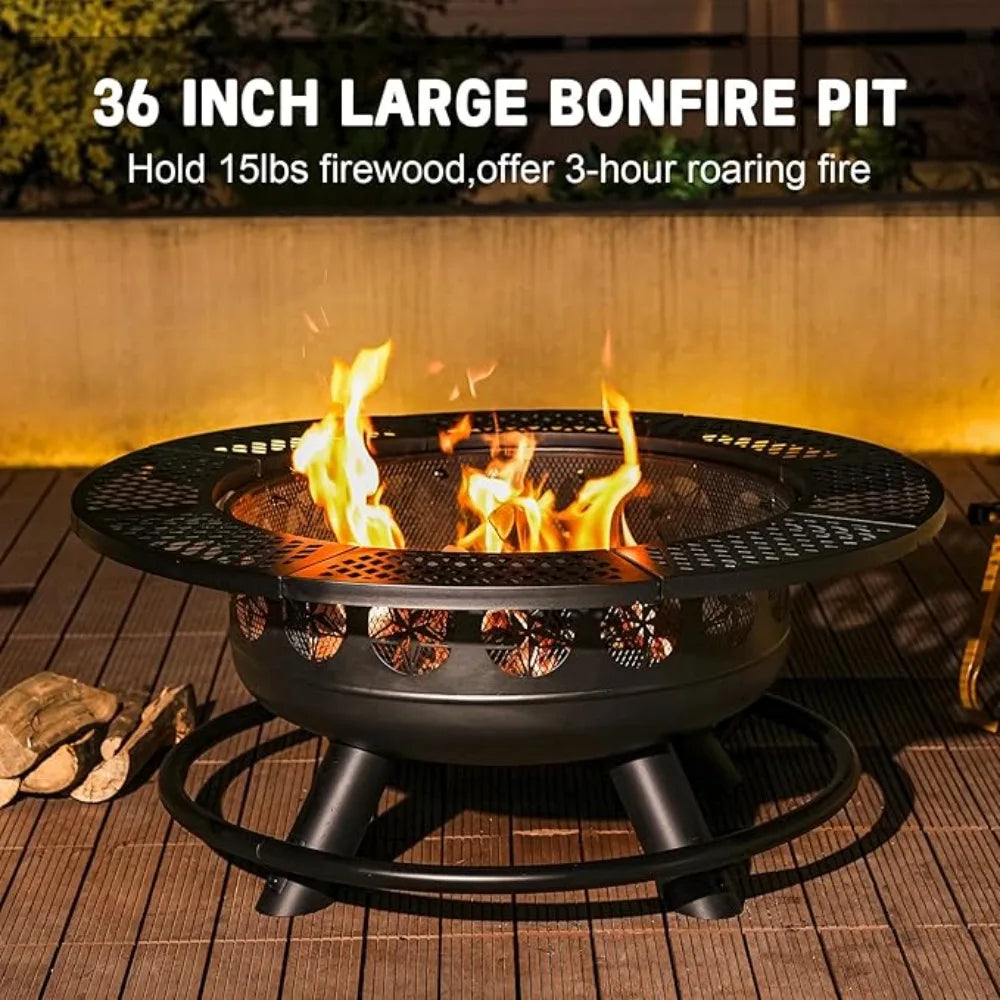 36 Inch Fire Pit with 2 Cooking Grills,Outdoor Wood Burning BBQ Firepit with Lid, 3-in-1 Outdoor Fire Pit for Backyard Deck