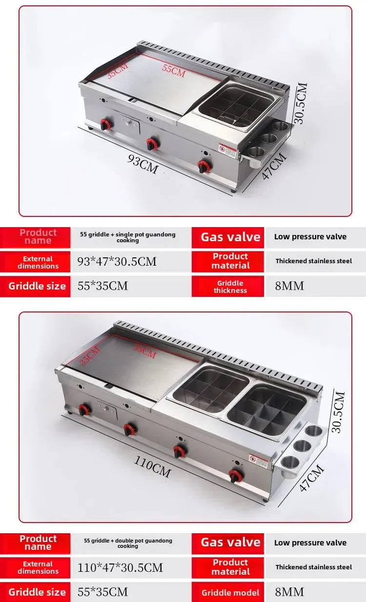 100-130cm Commercial Gas Teppanyaki Griddle & Fryer Combo | For Pancake & Braised Squid Grilling | Flat Top Cooking Station