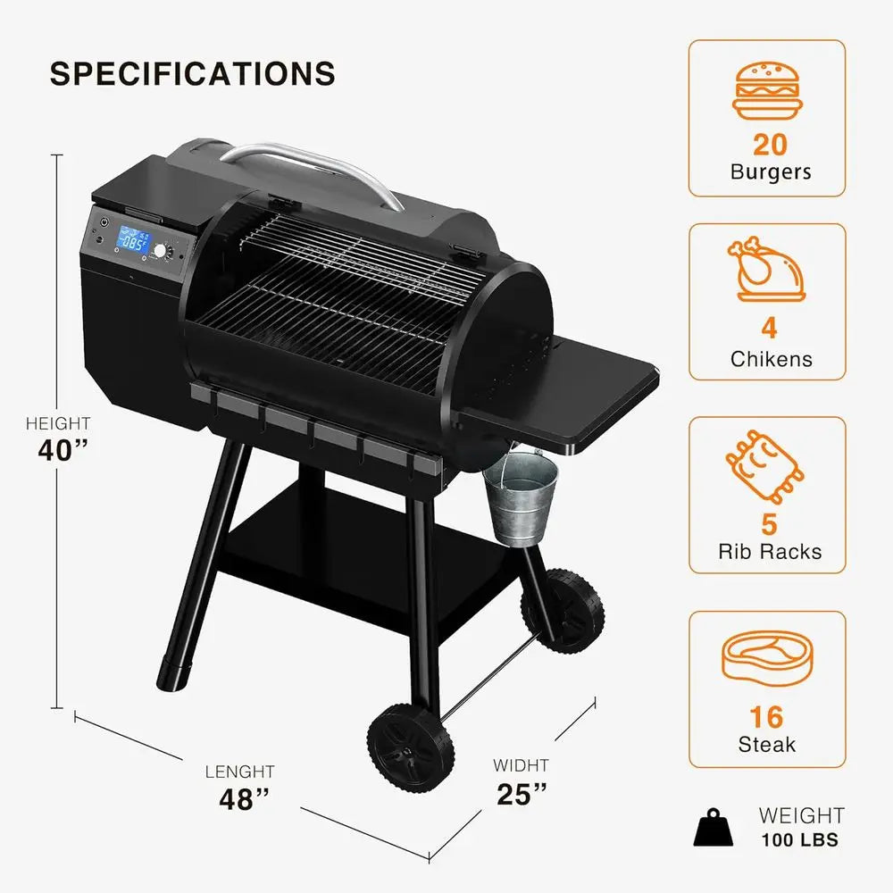 Wood Pellet Smoker Grill, 456 SQ. IN Cook Area, Auto-feed & Leg Waste, 500°F Max, 8-in-1 BBQ Grill with Meat Probe, Side Table &