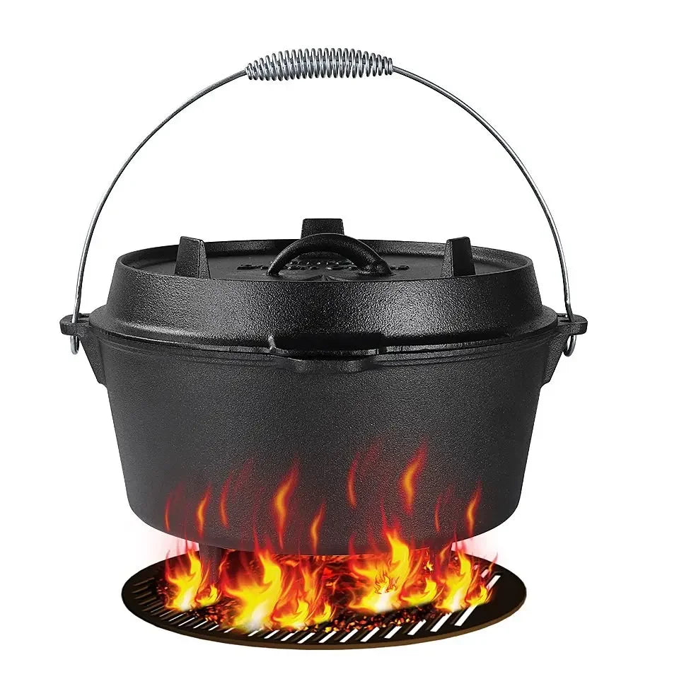5/9/12.5 Quart Cast Iron Dutch Oven Camping Pot Outdoor Portable Multi-function Cookware Stew Barbecue Soup Picnic Pot
